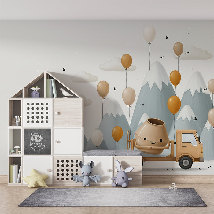 Papier peint chambre enfant | Camion joyeux avec des ballons et montagnes douces