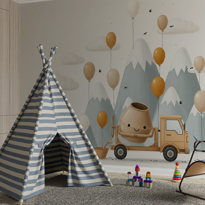 Papier peint chambre enfant | Camion joyeux avec des ballons et montagnes douces