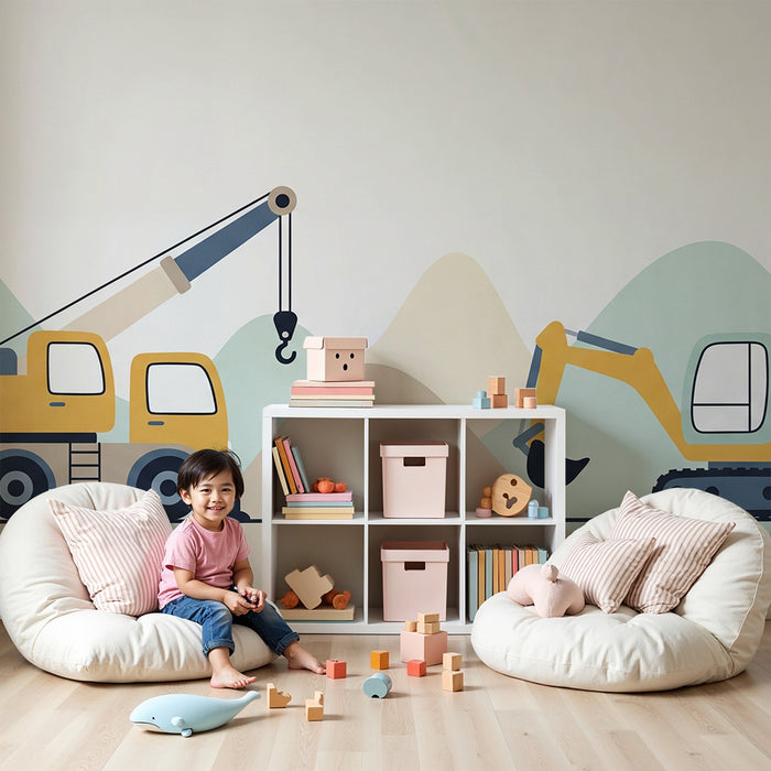 Papier peint chambre enfant | Camions de chantier colorés sur fond de collines douces