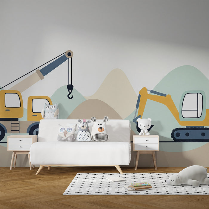 Papier peint chambre enfant | Camions de chantier colorés sur fond de collines douces