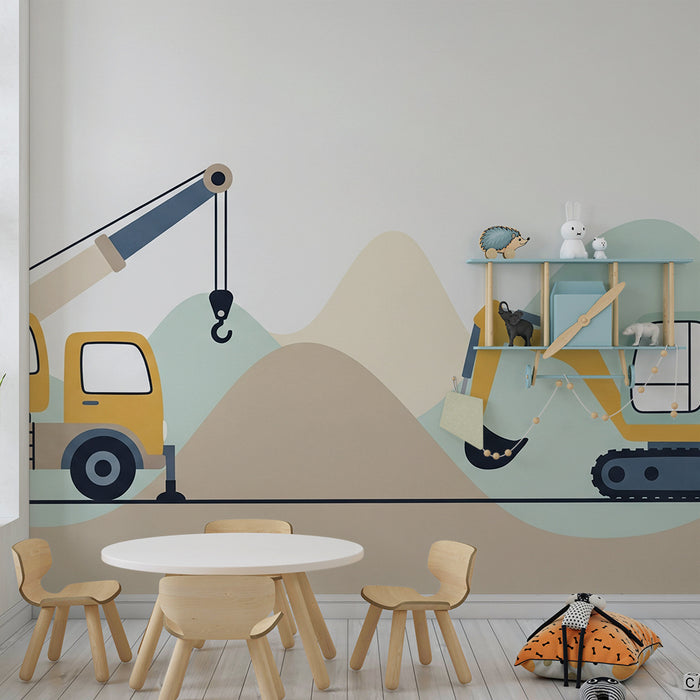 Papier peint chambre enfant | Camions de chantier colorés sur fond de collines douces