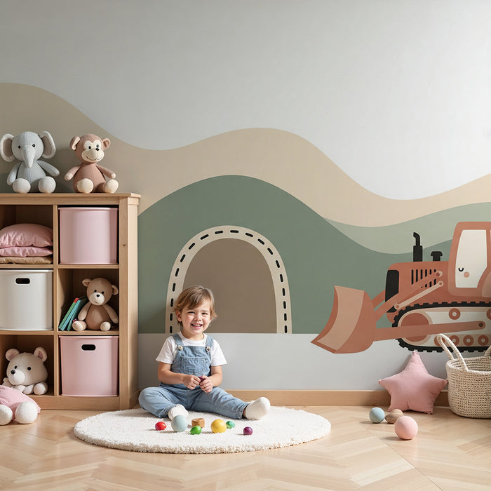 Papier peint chambre enfant | Camions de chantier et collines douces