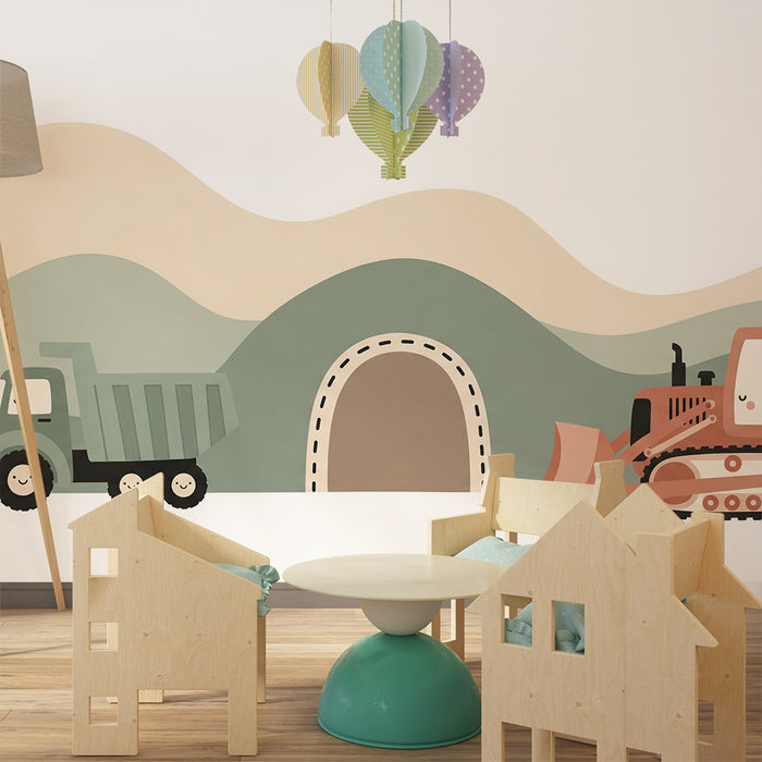 Papier peint chambre enfant | Camions de chantier et collines douces