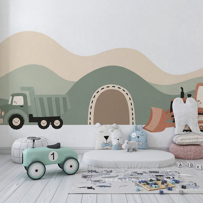 Papier peint chambre enfant | Camions de chantier et collines douces