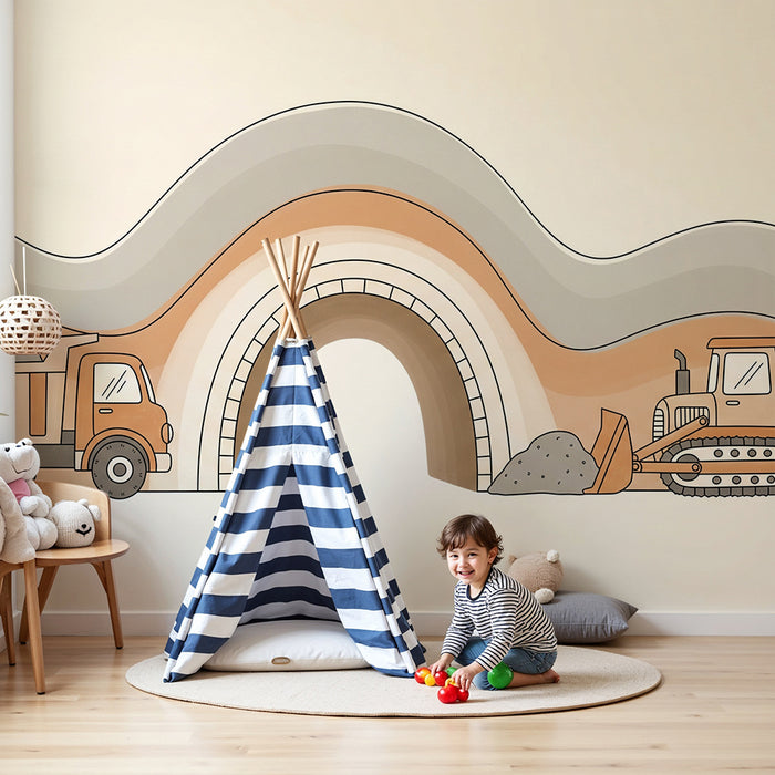 Children's bedroom wallpaper | Construction trucks and dirt landscapes