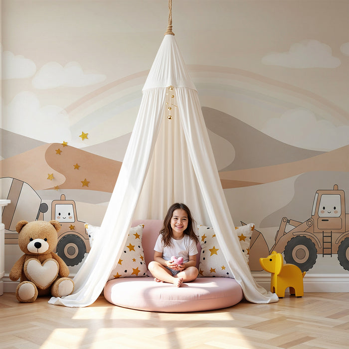 **Kinderzimmer-Tapete | Süße Baustellenfahrzeuge in sanfter Landschaft**