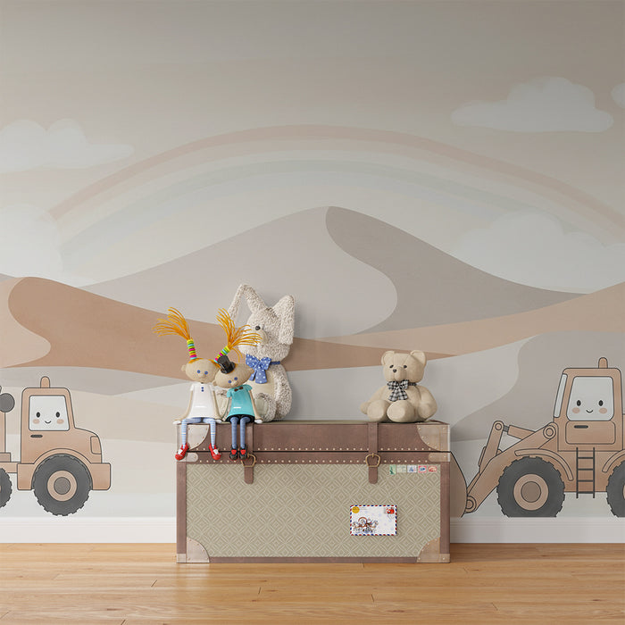 **Kinderzimmer-Tapete | Süße Baustellenfahrzeuge in sanfter Landschaft**
