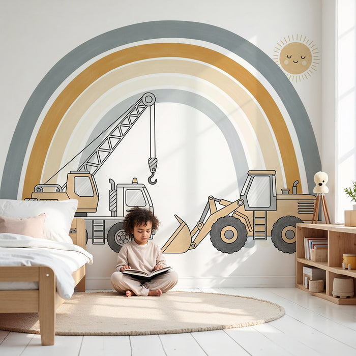 Carta da parati per camera bambini | Camion da cantiere sotto un dolce arcobaleno