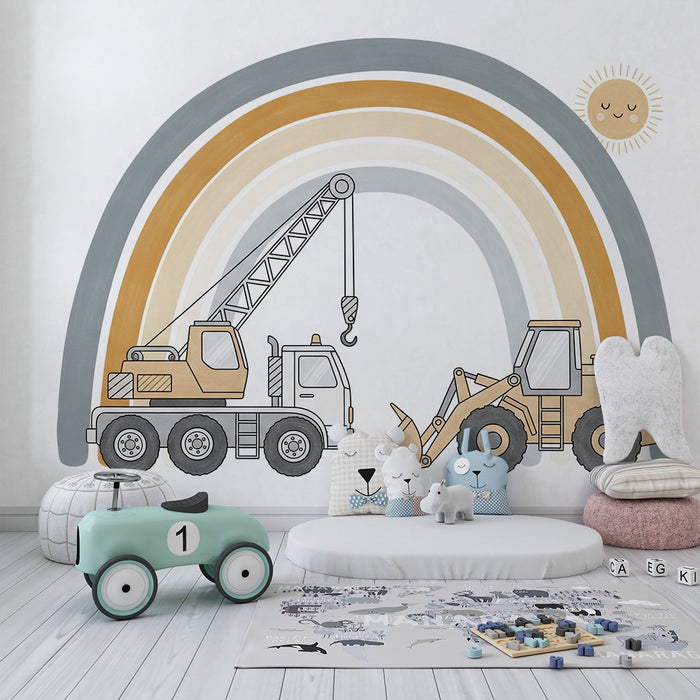 Carta da parati per camera bambini | Camion da cantiere sotto un dolce arcobaleno
