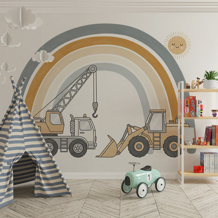 Carta da parati per camera bambini | Camion da cantiere sotto un dolce arcobaleno