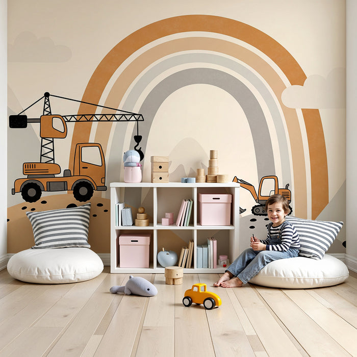 Children's bedroom wallpaper | Construction trucks and rainbow on a mountain background