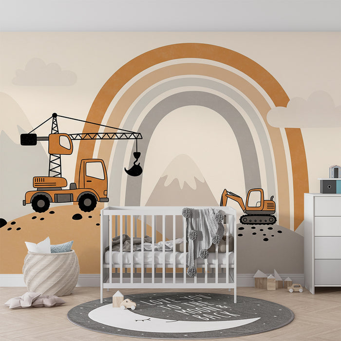 Children's bedroom wallpaper | Construction trucks and rainbow on a mountain background