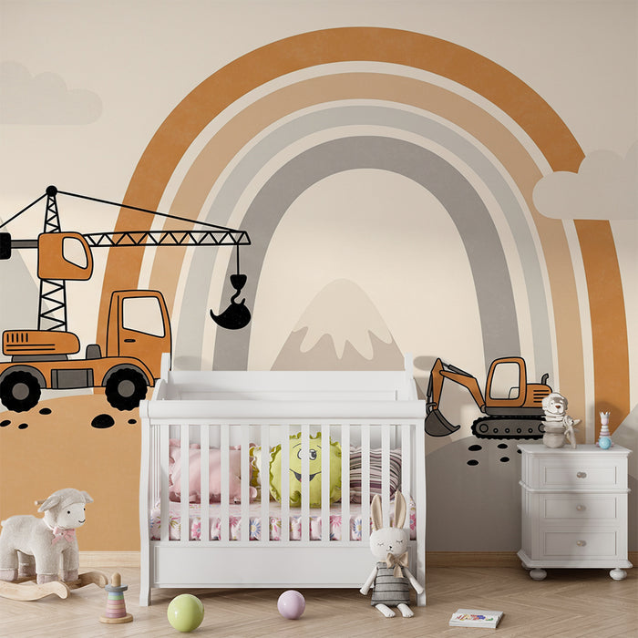 Children's bedroom wallpaper | Construction trucks and rainbow on a mountain background