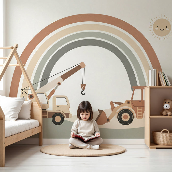 Børneværelses tapet | Byggekøretøjer under en pastelregnbue