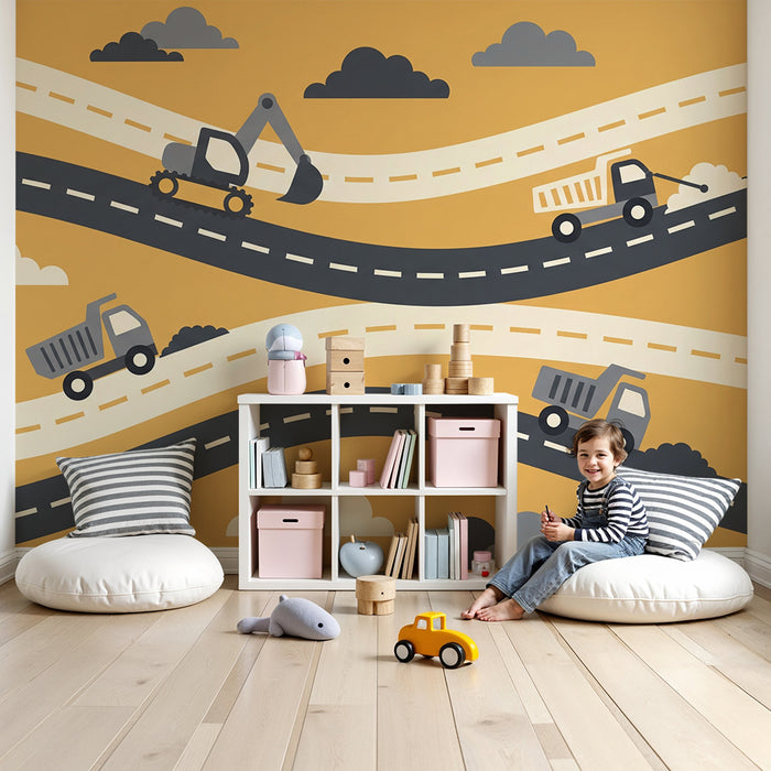Behang voor kinderkamer | Vrachtwagens en bouwvoertuigen op bochtige wegen