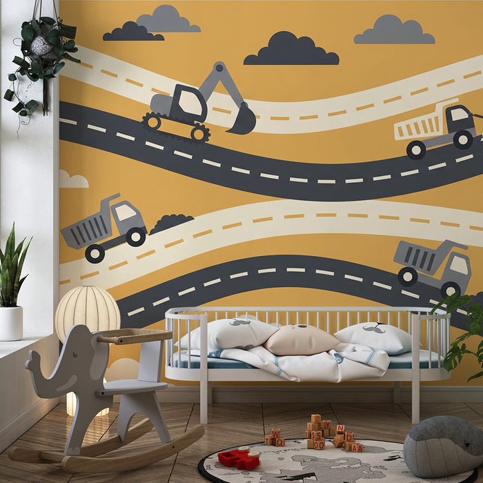 Behang voor kinderkamer | Vrachtwagens en bouwvoertuigen op bochtige wegen