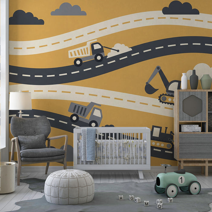 Behang voor kinderkamer | Vrachtwagens en bouwvoertuigen op bochtige wegen