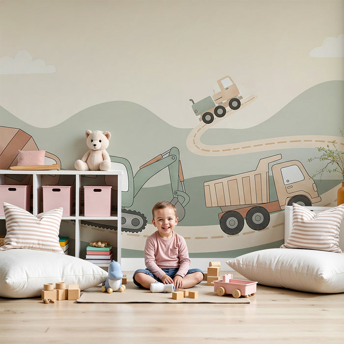 Papier peint chambre enfant | Camions et engins de chantier sur une route sinueuse