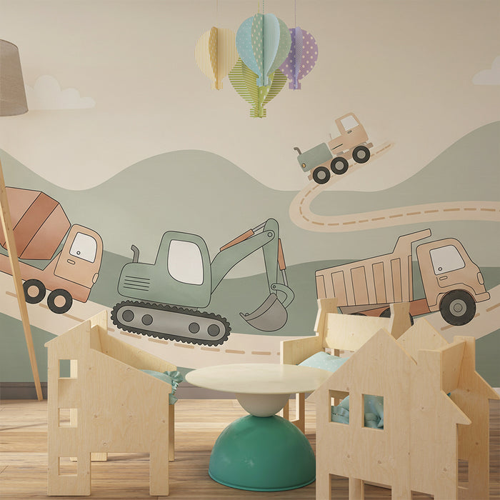 Papier peint chambre enfant | Camions et engins de chantier sur une route sinueuse