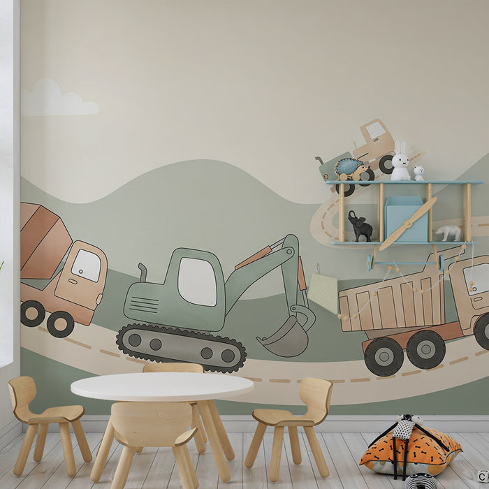 Papier peint chambre enfant | Camions et engins de chantier sur une route sinueuse