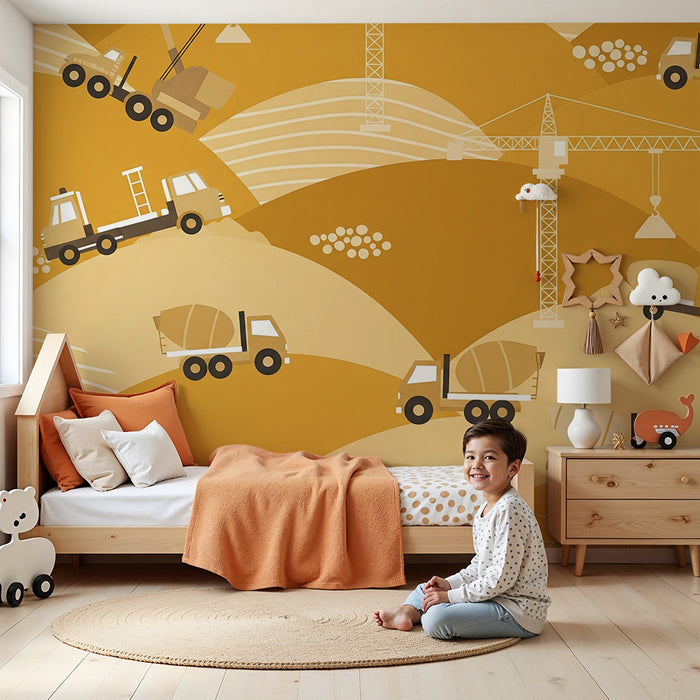 Papier peint chambre enfant | Camions et grues sur un fond doré