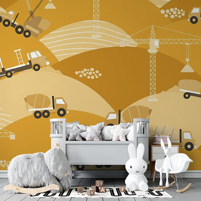 Papier peint chambre enfant | Camions et grues sur un fond doré