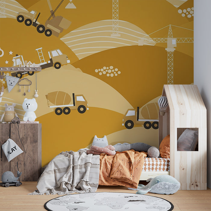 Papier peint chambre enfant | Camions et grues sur un fond doré