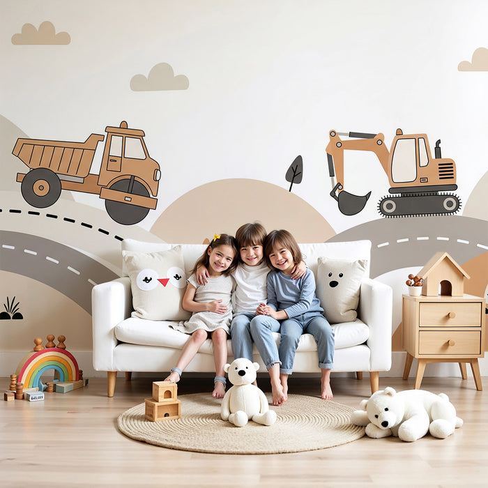 Children's bedroom wallpaper | Trucks and diggers on soft hills