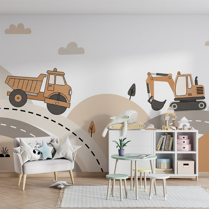 Children's bedroom wallpaper | Trucks and diggers on soft hills
