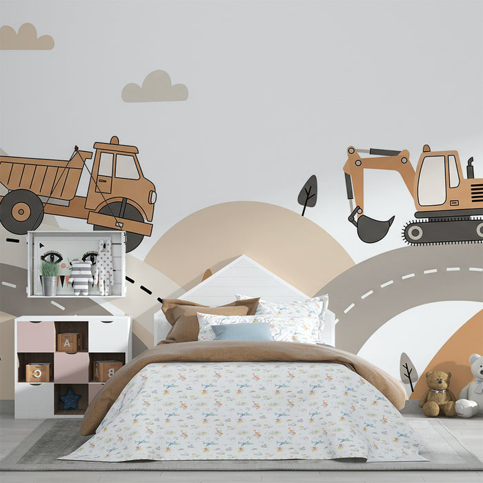 Children's bedroom wallpaper | Trucks and diggers on soft hills