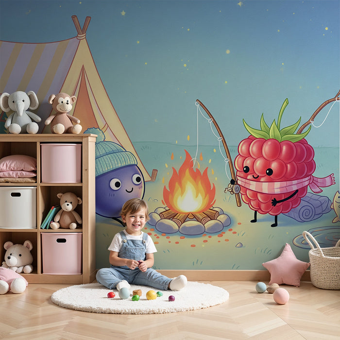 Kinderzimmer-Tapete | Lustiges Camping-Design mit fröhlichen Früchten am Lagerfeuer