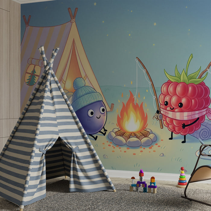 Kinderzimmer-Tapete | Lustiges Camping-Design mit fröhlichen Früchten am Lagerfeuer