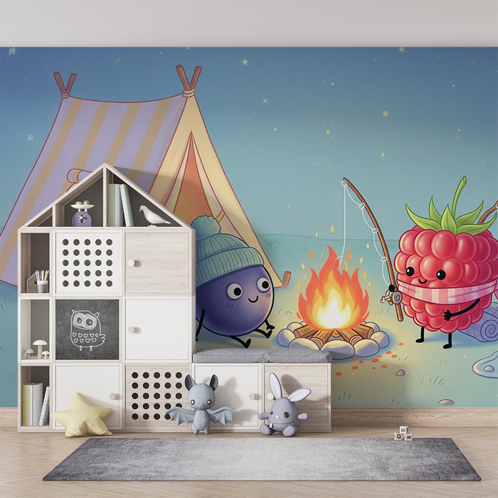 Kinderzimmer-Tapete | Lustiges Camping-Design mit fröhlichen Früchten am Lagerfeuer