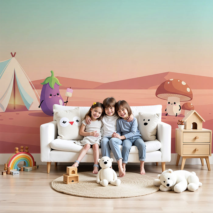Kinderzimmer Tapete | Lustiges Camping mit lächelndem Gemüse