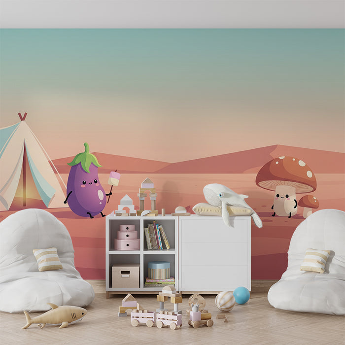 Kinderzimmer Tapete | Lustiges Camping mit lächelndem Gemüse