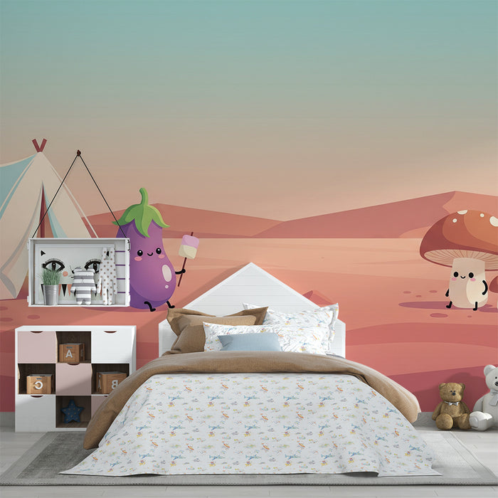 Kinderzimmer Tapete | Lustiges Camping mit lächelndem Gemüse