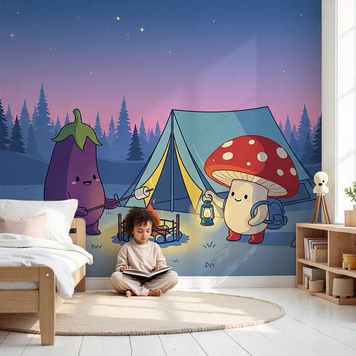 Kinderzimmer Tapete | Lustiges Camping mit Gemüse-Figuren