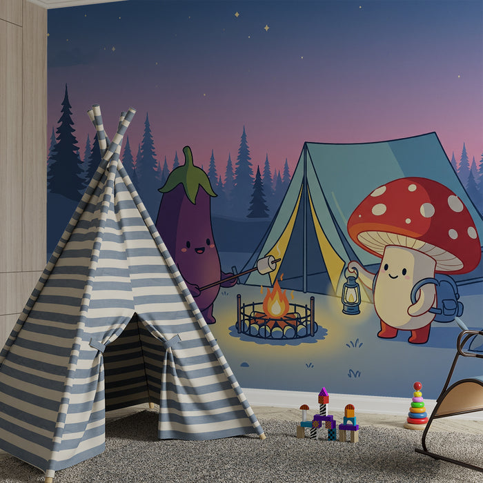 Kinderzimmer Tapete | Lustiges Camping mit Gemüse-Figuren