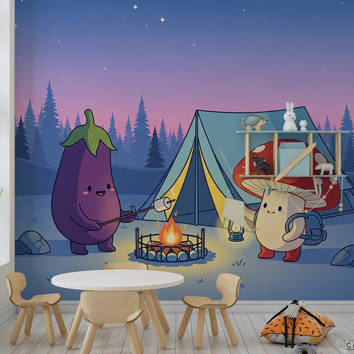 Kinderzimmer Tapete | Lustiges Camping mit Gemüse-Figuren