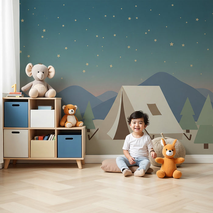 Papel de parede criança | Acampamento sob as estrelas com tenda e fogueira