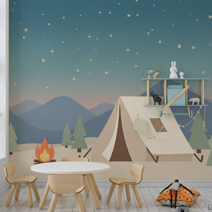Papel de parede criança | Acampamento sob as estrelas com tenda e fogueira