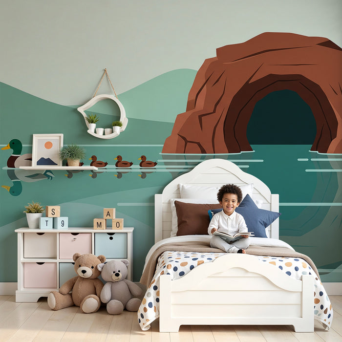 Behang kinderkamer | Eend met kuikens bij een grot
