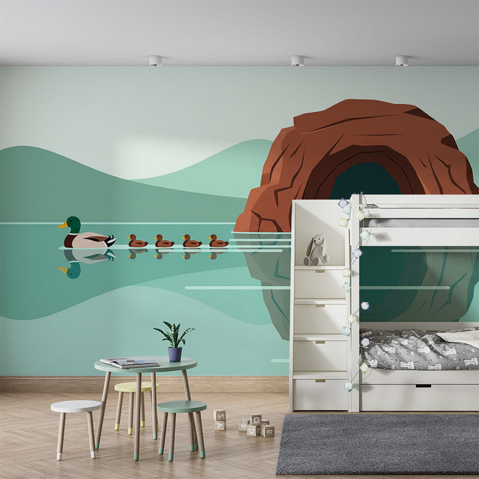 Behang kinderkamer | Eend met kuikens bij een grot