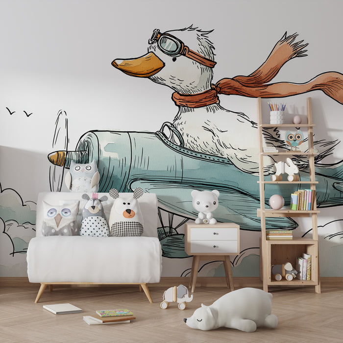 Kinderkamer behang | Piloterende eend in volle vlucht
