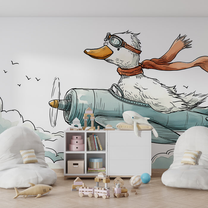 Kinderkamer behang | Piloterende eend in volle vlucht