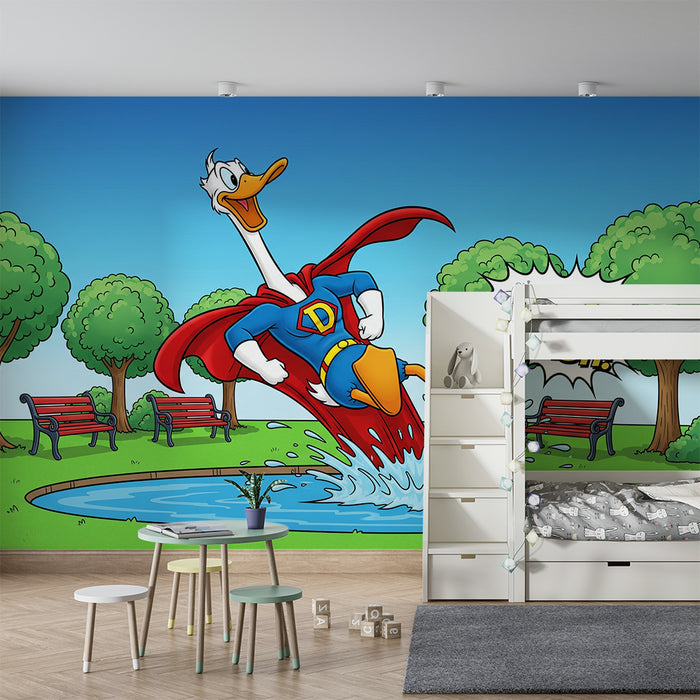 Kinderkamer behang | Superheld eend spetterend in een zonnig park
