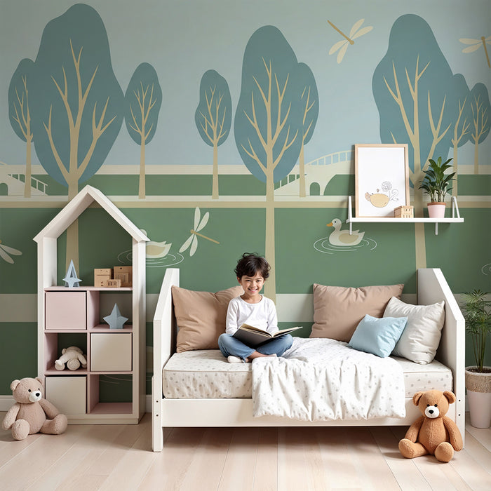 Papier peint chambre enfant | Canards et libellules au bord de l'eau