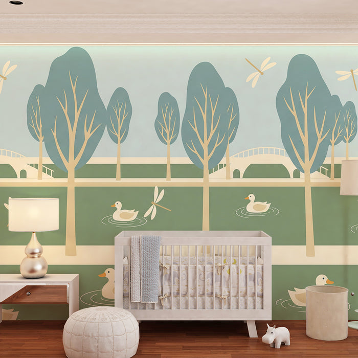 Papier peint chambre enfant | Canards et libellules au bord de l'eau