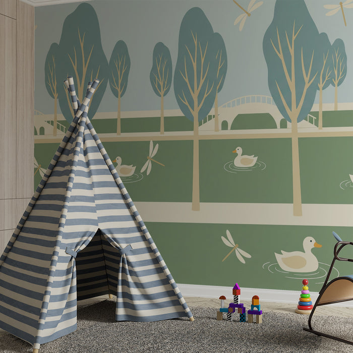 Papier peint chambre enfant | Canards et libellules au bord de l'eau