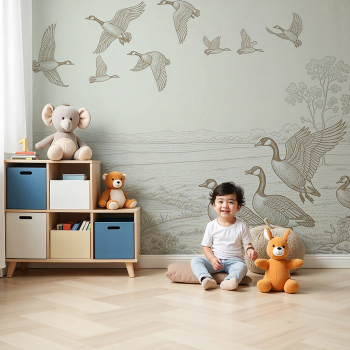 Kinderzimmer Tapete | Enten und friedliche Landschaften am Wasser